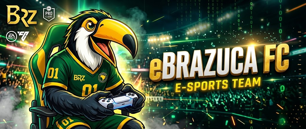 eBrazuca FC e-sports team: the Brazuca toucan mascot in a gaming chair, wearing the green and gold kit and holding a PlayStation 5 controller