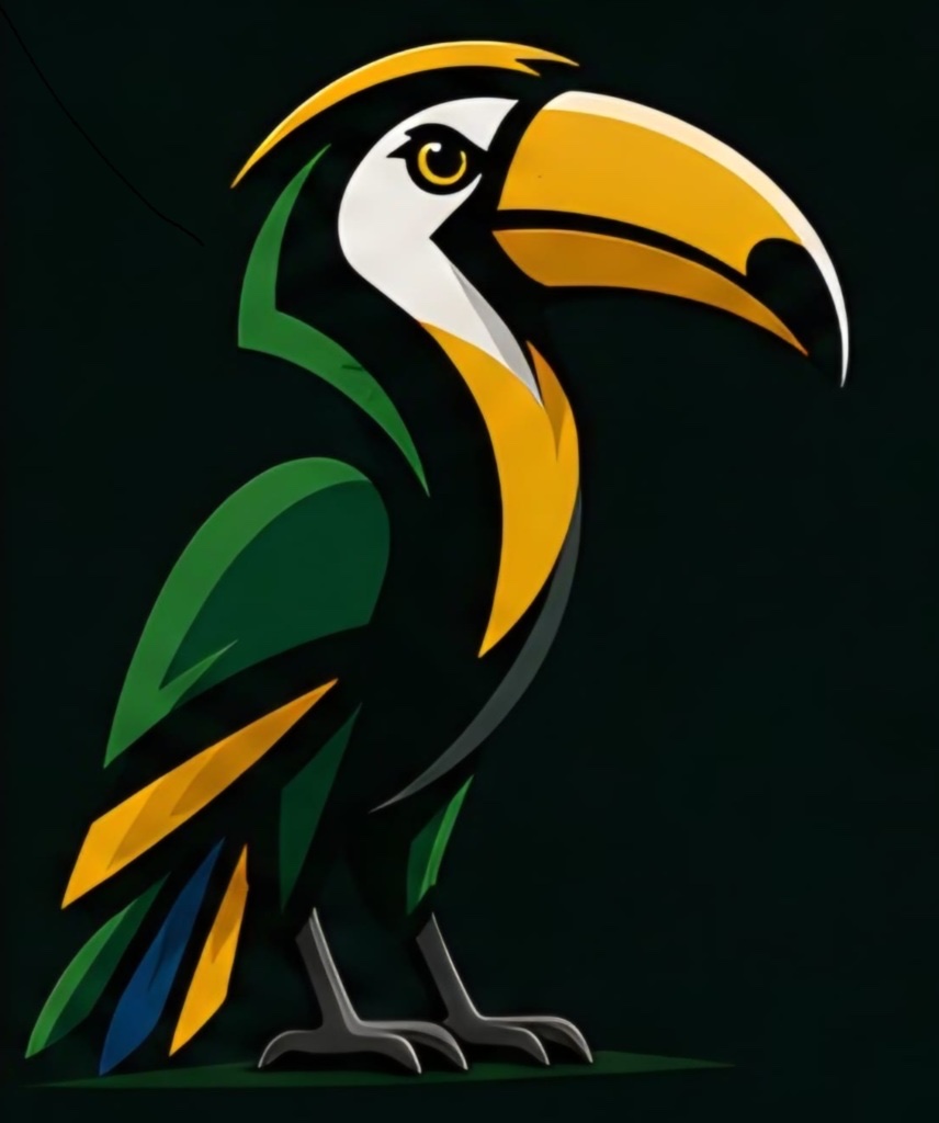 The Brazuca FC toucan mascot in green, gold and blue